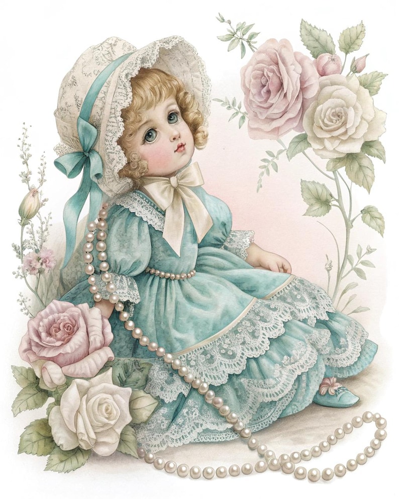 Antique Doll Illustration: Victorian Lace Gown, Pearls & Roses (digital ...