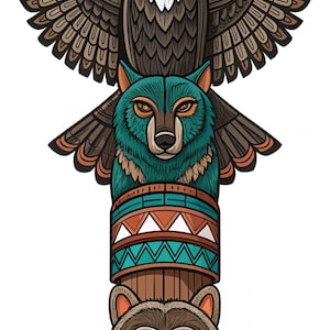 May include: A colorful illustration of a Native American totem pole. The totem pole features an eagle at the top, a wolf in the middle, and a bear at the bottom. The design incorporates brown, teal, orange, and white.