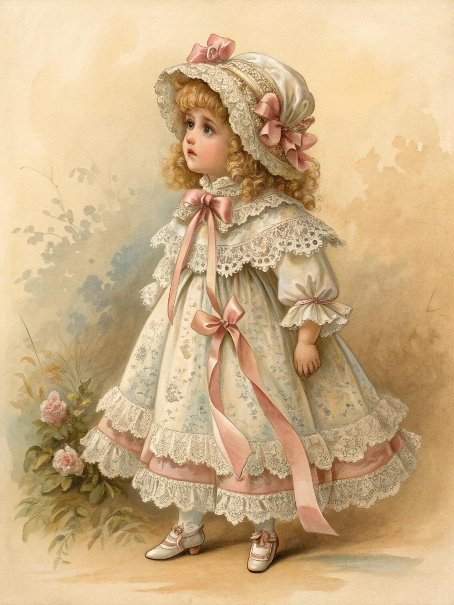 Antique Doll Illustration: Victorian Lace Gown, Pearls & Roses (digital ...
