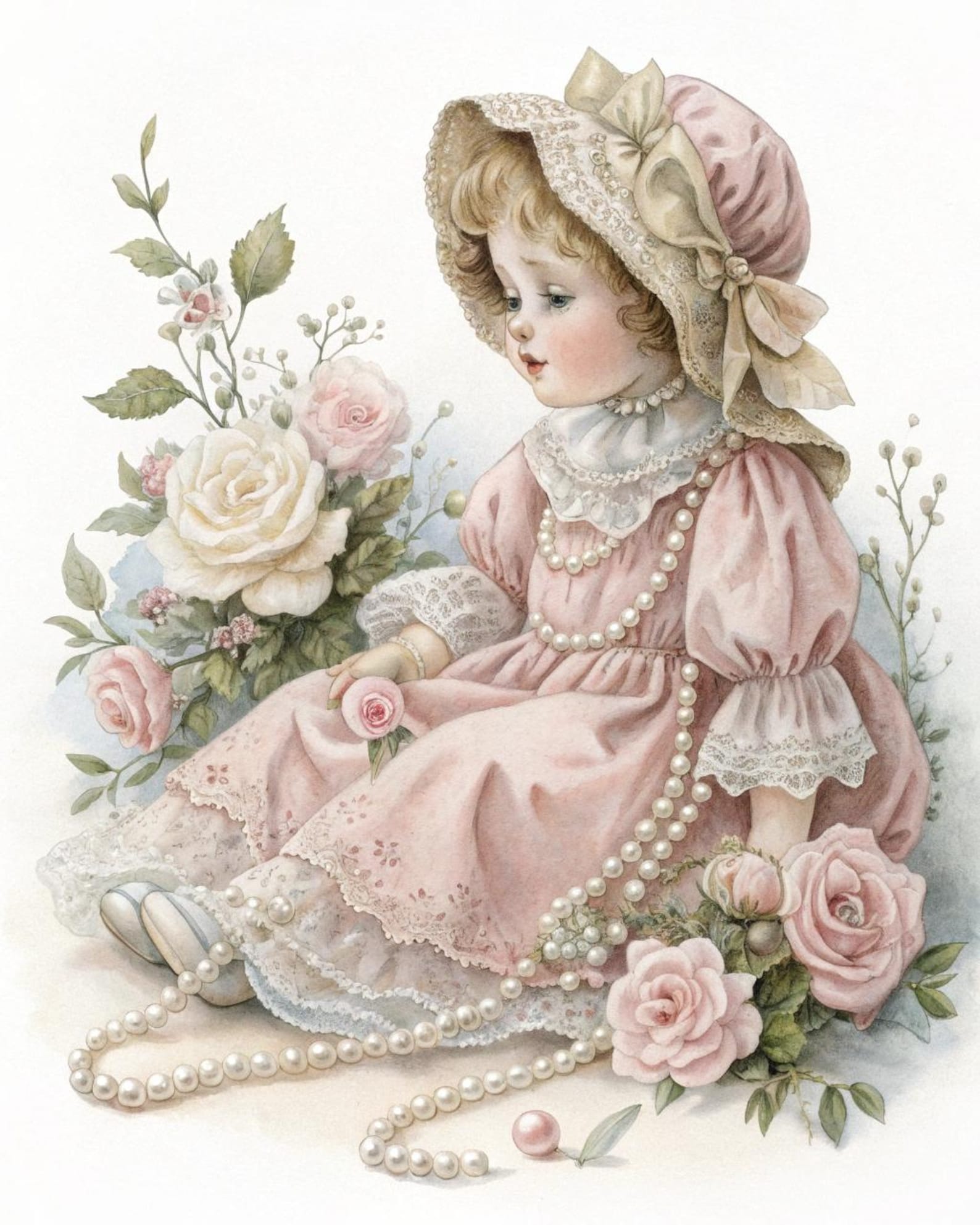 Antique Doll Illustration: Victorian Lace Gown, Pearls & Roses (digital ...