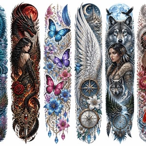 May include: A set of six vertical temporary tattoo sheets featuring diverse designs including a blue dragon with a mermaid, a dark dragon with a woman, colorful butterflies and flowers, a large wing with a compass and clock, a wolf with a woman, and a white dragon with a woman and koi fish.