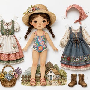 Könnte beinhalten: Ein Papierpuppen-Set mit einer zentralen Figur mit braunen Zöpfen, die einen geblümten Badeanzug und einen Strohhut trägt. Zubehör umfasst zwei bestickte Kleider, ein Kopftuch, braune Stiefel, einen Blumenkorb und eine Häuschen-Szene.