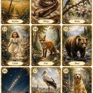May include: A set of nine rectangular oracle cards with ornate gold borders, each numbered 10 through 18. The cards feature detailed illustrations of a scythe, a whip, two birds, a child, a fox, a bear, stars, a stork, and a dog, with labels.