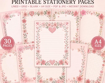 30 Pink Floral Stationery Pages, Lined Writing Paper Bundle (A4, Digital Download)