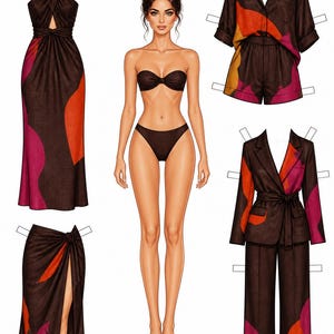 May include: A paper doll set featuring a central figure in a dark brown bikini, accompanied by four separate outfits: a halter maxi dress, a short-sleeved button-down shirt with shorts, a wrap skirt, and a blazer with matching trousers, all with abstract patterns.
