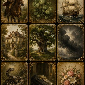 Könnte beinhalten: Ein Satz von neun Tarotkarten im Vintage-Stil. Jede Karte zeigt ein detailliertes Gemälde in einem goldenen, verzierten Rahmen. Die Bilder zeigen einen Reiter auf einem Pferd, ein Schiff auf See, ein Haus, einen Baum, eine Schlange, einen Sarg und einen Blumenstrauß.