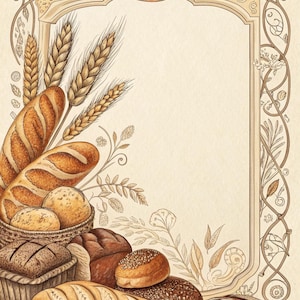 Puede incluir: Ilustración de varios tipos de pan, como baguettes y bollos, dispuestos en una cesta y sobre una superficie. Espigas de trigo y elementos decorativos enmarcan el pan, con una paleta de colores cálidos.