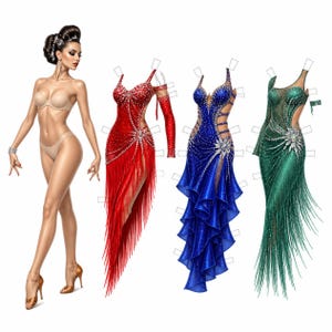 May include: A paper doll figure wearing beige undergarments and high heels, accompanied by three dance dresses in red, blue, and green. Each dress features intricate crystal embellishments, fringe detailing, and paper tabs for attachment.