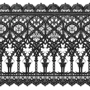 May include: Black lace trim with an intricate gothic design. The trim features repeating arched patterns and floral details, perfect for adding a vintage touch to crafts and apparel. The lace is set against a white background.