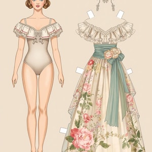 Pode incluir: Uma boneca de papel com cabelo castanho vestindo um body bege, acompanhada por um vestido com estampa floral, uma faixa verde sálvia, um decote com babados e um acessório de cabeça floral. O texto na parte inferior diz Rariasiveruptenal.com.