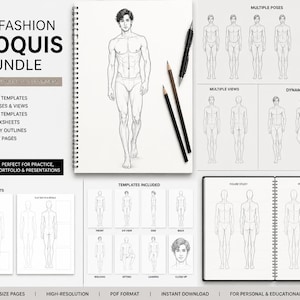 Pode incluir: Um pacote de croquis de moda digital com modelos de figuras masculinas XXL, folhas de trabalho de design e múltiplas poses. A coleção inclui contornos de linhas em preto e branco de alta qualidade de figuras masculinas em várias vistas, incluindo frente, lado e costas.