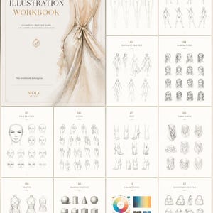 Op de afbeelding: Een mode-illustratie werkboek met een omslag met een aquarel-stijl jurkillustratie en de tekst Fashion Illustration Workbook. De binnenpagina's tonen twaalf secties, waaronder lege figuren, schetsen en oefeningen voor schaduwtechnieken.