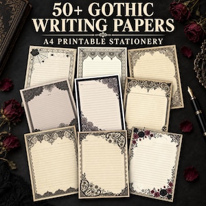 Può includere: Una collezione di carta da lettere stampabile in formato A4 con vari disegni di bordi in pizzo nero, floreali e a ragnatela su carta a righe color crema. Il testo 50+ GOTHIC WRITING PAPERS A4 PRINTABLE STATIONERY è visualizzato in alto.