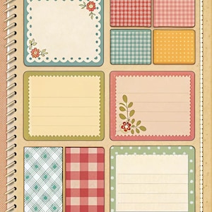 May include: A scrapbook page with a spiral binding and a beige cover. The page features various rectangular and square frames in pastel colors, some with floral accents and lined spaces for journaling or photos. The frames have scalloped or dotted edges.