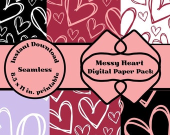Messy Heart Digital Paper Instant Download Seamless Design 8.5 x 11 Inch Paper Printable