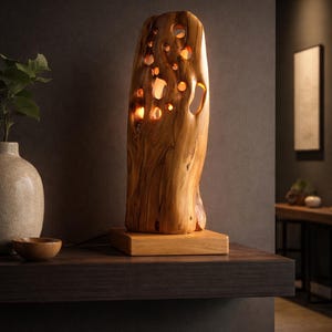 Handgefertigte Lampe aus Olivenholz und Ulmenholzfuß