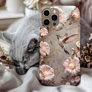 Aesthetic Floral Phone case - Hummingbird Design, IPhone 16 case, iPhone, Galaxy and Google Pixel Phones, Gift For Bird Lovers, Phone Cover