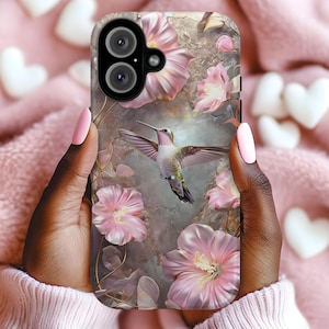 Aesthetic Floral Phone case - Hummingbird Design, IPhone 16 case, iPhone, Galaxy and Google Pixel Phones, Gift For Bird Lovers, Phone Cover
