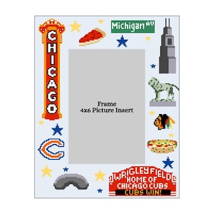 Handmålad nålkantsduk med Chicago-tema | 4x6 fotoram | 18 mesh