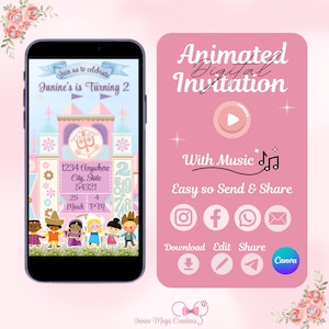 Op de afbeelding: Een roze en blauwe geanimeerde digitale uitnodiging voor een kinderfeestje. De uitnodiging toont een cartoonkasteel met een klokkentoren en de tekst "Join us to celebrate Janine's is Turning 2". De uitnodiging bevat ook een datum en tijd voor het feest, evenals een afspeelknop en de tekst "With Music".