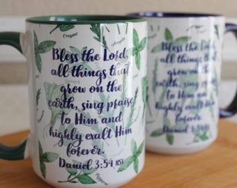 Grow Mug with Bible Verse Mug for Gardeners 15 oz Mug with Verse Mug for Christians in Green or Blue 15 ounce Mug Gift Herbs Botanical Mug