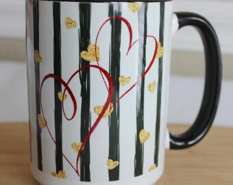 Red Hearts Mug for Valentines Day 15 oz Mug for Him 15 ounce Mug for Her Anniversary Two Hearts Mug for Spouse Loved One in Black or Red