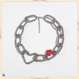 necklace ⊹₊⟡⋆ silver bead chain with red flower necklace, handmade beaded jewelry, beaded accessory