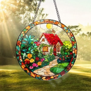 Cottage Garden Stained Glass Suncatcher - Whimsical House Window Hanging - Colorful Floral Sun Catcher for Nature Lovers, Fairy Tale Decor