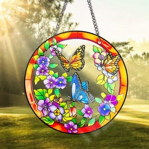 Atrapasueños de mariposas y flores, decoración de vitrales, atrapasol de mariposas morfo, atrapasol para amantes de las polillas, colgante de ventana, regalo de mariposa para mamá, colgante de ventana