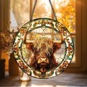 Highland Cow STAINED GLASS Sun Catcher Rustic Farmhouse Window Hanging Decor Scottish Highland Bull Decor Cow lover gift Farm Housewarming
