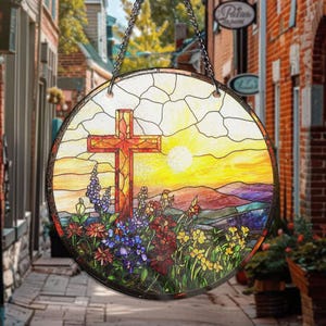 STAINED GLASS Cross Wildflowers Suncatcher Christian Glass Windows Hanging Flower Cross Gift For Religious Easter Faith Cross Home Decor