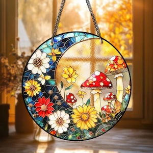 Mushroom STAINED GLASS Suncatcher,Mushrooms Cottagecore Home Decor Art Fly Mushroom Moon Window Hanging Birthday Gift For Her Mom Grandma