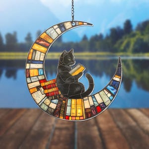 Cat Book On The Moon ACRYLIC Window Hanging Decor, Book Window Decor, Book Lover Gift, Bookself Indoor Decor , Librarian Gift NOT GLASS