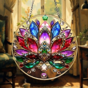 Juwelen lotusbloem GLAS-GLAS Suncatcher mandala venster kunst yoga meditatie decor spiritueel huis cadeau kleurrijke chakra kunst Home decor