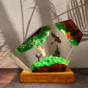 Handmade Dragon Resin Lamp – Fantasy LED Dragon Diorama Night Light, Epoxy Resin Castle Lamp, Magical Creature Decor, Gift for Dragon Lovers