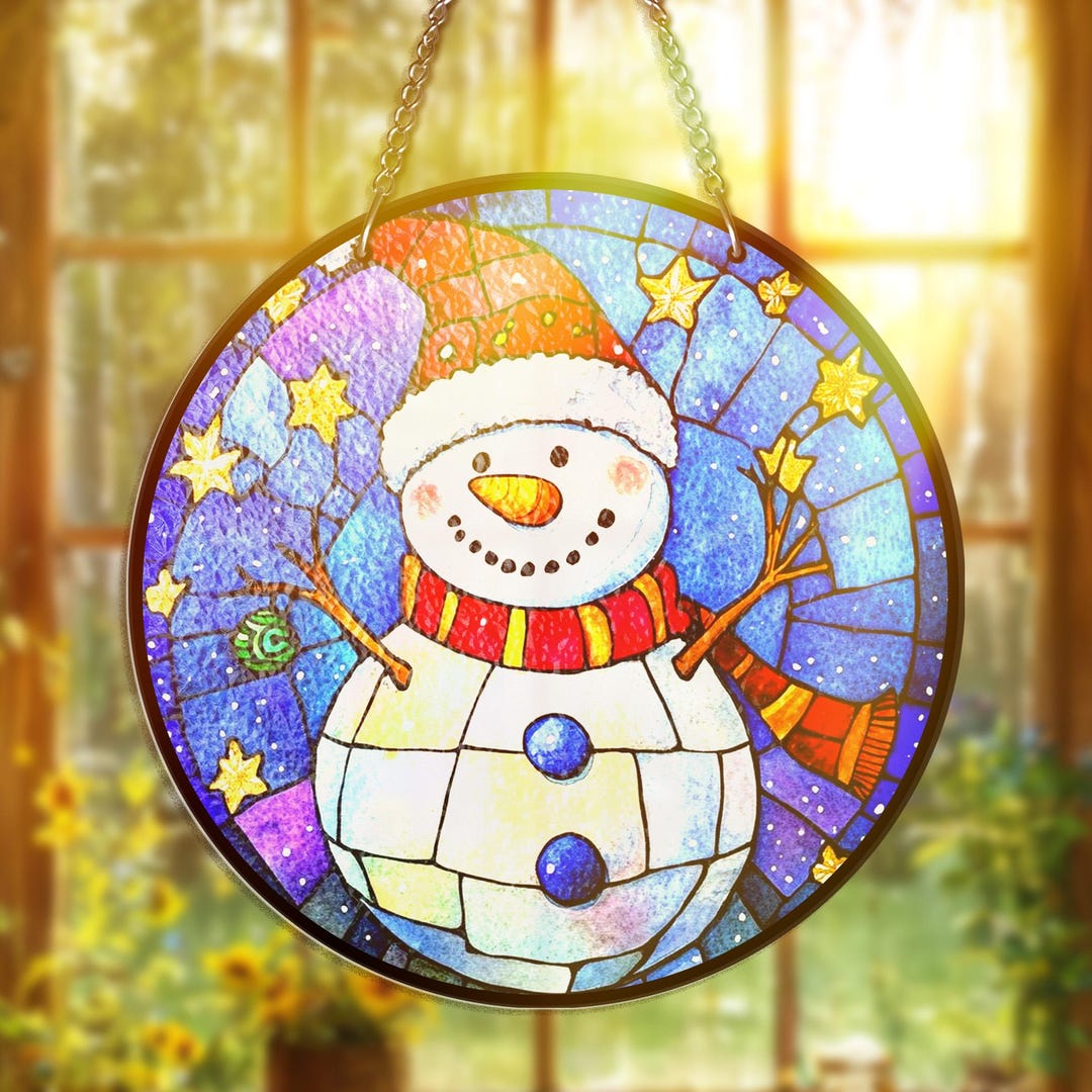 Snowman Stained Glass Suncatcher Christmas Winter Window Hanging Decor ...
