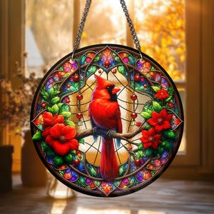 Cardinal STAINED GLASS Suncatcher, Window Hanging Decor ,Bird Lover Glass Art Decor, Male Female Cardinal, Memorial Suncatcher, Women Gifts