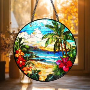 Tropical Beach Stained Glass Window Hanging Palm Tree Ocean Suncatcher Coastal Summer Home Decor Gift Hawaiian Suncatcher Home Decor