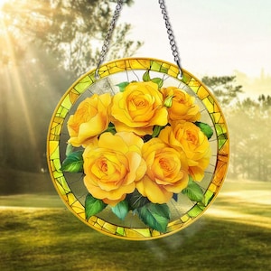 Yellow Rose Stained Glass Suncatcher Round Floral Window Hanging Yellow Flower Sun Catcher Gift for Garden Lovers, Home Decor Flower Lover