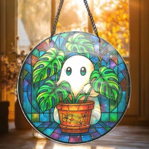 Cute Ghost Greenhouse Suncatcher Ornament, Halloween Ghost Stained Glass Hangings, Plant Lovers Gift, Halloween Home Decor, Gift For Mom