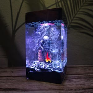 Knight at Bonfire Resin Lamp - Fantasy Gamer LED Night Light - RPG Campfire Scene Decor - Soulslike Inspired Gift - Gamer Room Lighting
