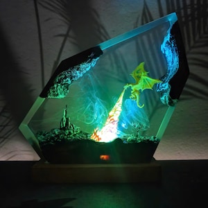 Dragon Fire Resin Lamp Handmade Fantasy Night Light LED Lava Scene Lamp Dragon Decor Gift for Him Epic Mythical Room Night Light