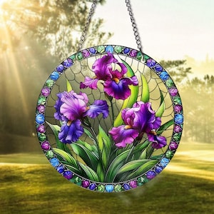 Purple Iris STAINED GLASS Decor, Iris Flower Suncatcher, Iris Flower Gift Elegant Stained Glass Window Hanging Sunlight Catcher Home Decor
