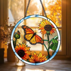 Monarch Butterfly STAINED GLASS Suncatcher Mother Day Gift For Mom Women Sunflower Butterfly Decor Village Style Sun Catcher Butterfly
