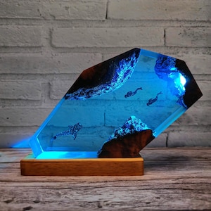 Whale Shark Scuba Divers Epoxy Resin Night Light, Handmade Ocean Diver Shark Resin Wood Lamp Gifts, Diver Night Light, Personalized Gifts