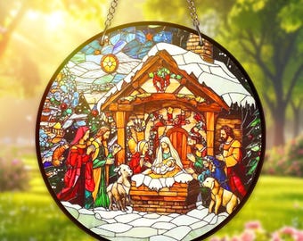 Weihnachtskrippe Buntglas-Sonnenfänger „Christus Der Retter Ist Geboren“ – Fensterdekoration Für Weihnachten