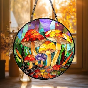 Mushroom STAINED GLASS Suncatcher, Mushrooms Cottagecore Home Decor Art Mushroom Moon Window Hanging Birthday Gift For Her Mom Grandma