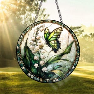 Butterfly Stained Glass Window Hanging Green Butterfly Sun Catcher with Flowers Nature Garden Home Decor Gift Butterfly Home Decoration
