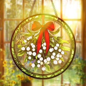 Stained Glass Mistelzweig Suncatcher Red Bow Urlaub Fenster hängende Verzierung Weihnachtsgeschenk Home Decor Weihnachten Buntglas-Dekor hängen