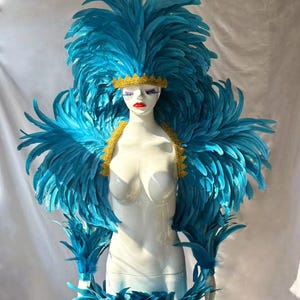 Puede incluir: Un maniquí exhibe un vibrante disfraz de plumas azules. El disfraz incluye un tocado, una pieza para los hombros, puños y pantalones cortos, todos adornados con plumas azules brillantes. El ribete dorado acentúa el tocado y la pieza para los hombros, creando un contraste llamativo.